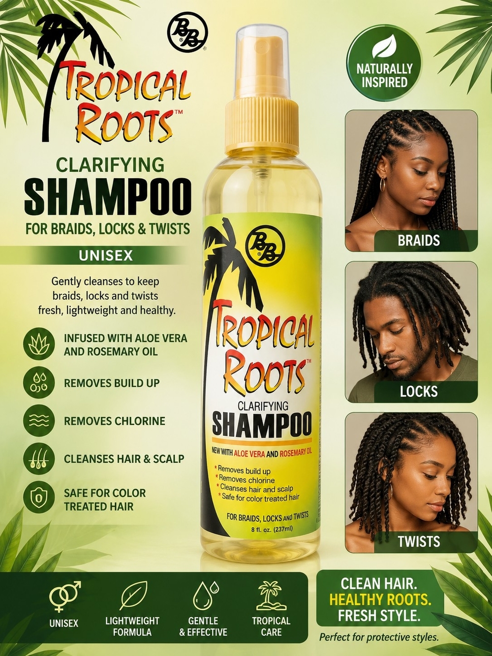 BB Tropical Roots Clarifying Shampoo /8 fl oz For Braids Locks and Twists (3)
